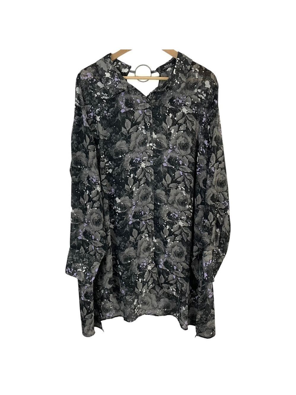 MBLM Longline Tunic Blouse Women’s 2X Grey Purple Button Up Shirt Floral EUC
